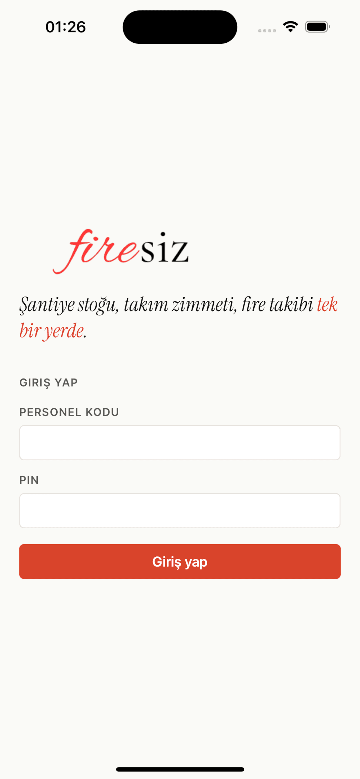 Giriş ekranı — personel kodu ve PIN ile giriş
